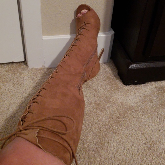 JustFab Shoes - Light brown laced up, peep toe boots.